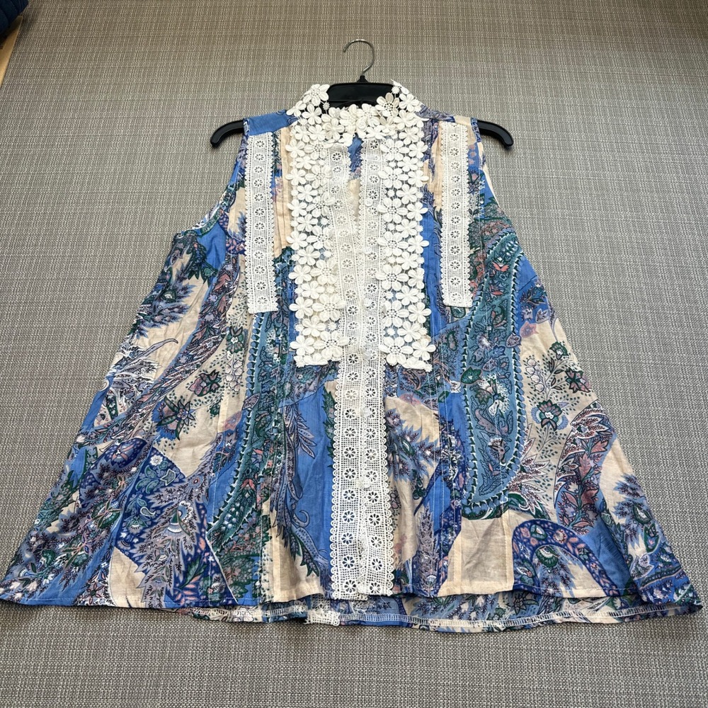 New POL Lace Paisley Top Small Boho Crochet Sleeveless Blue Festival Western‎